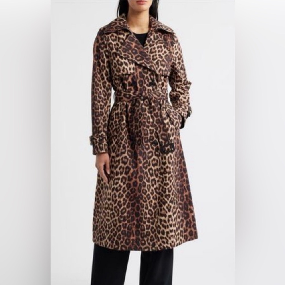 BCBGMaxazria Trench Coat Leopard Print Brown Black Medium